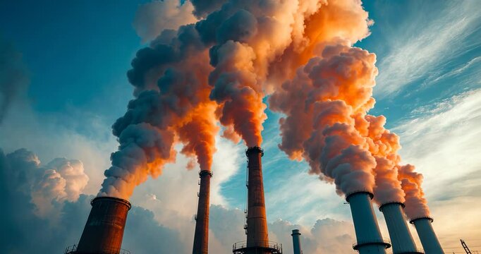 Gas torch igniting with dense smoke. Oil refinery and gas processing. Pollution in the air! Emissions from exhaust, ozone layer depletion, greenhouse effect.