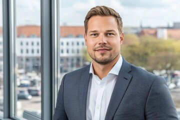 Confident businessman in a modern office, showcasing his professional attire and friendly smile, with city view in background through large windows.