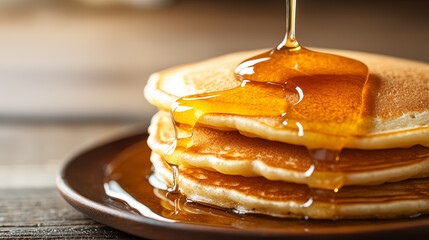 A close-up of honey pouring over pancakes against a blurry background