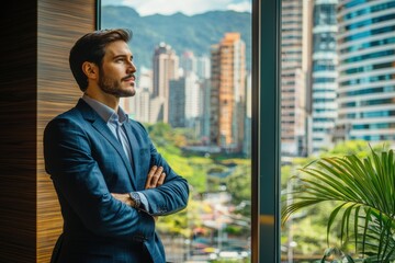Fototapeta premium Successful young businessman standing by the window, gazing at the urban skyline and mountains in the distance, looking ambitious and determined about his future.