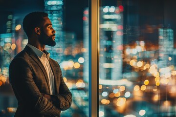Pensive African American businessman gazes out at the glittering city lights at night, contemplating future strategic investments from his modern office.