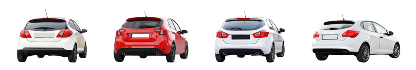 rear view white and red hatchback cars isolated on white background