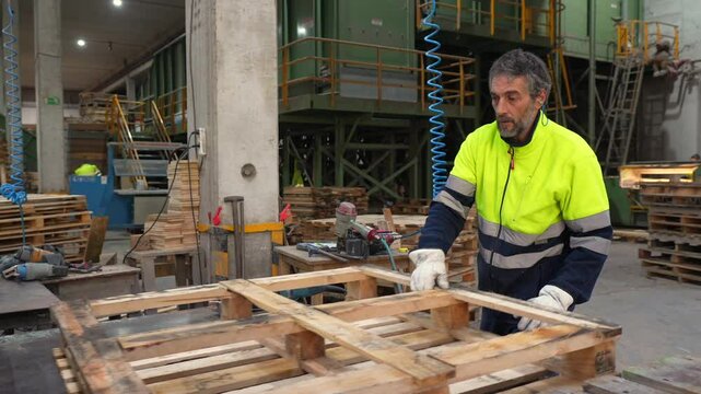Skilled worker repairs and flips wooden pallet in a busy recycling plant, demonstrating the circular economy