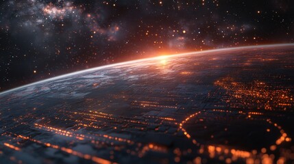 A space shuttle is flying through the sky above a planet with a bright orange su