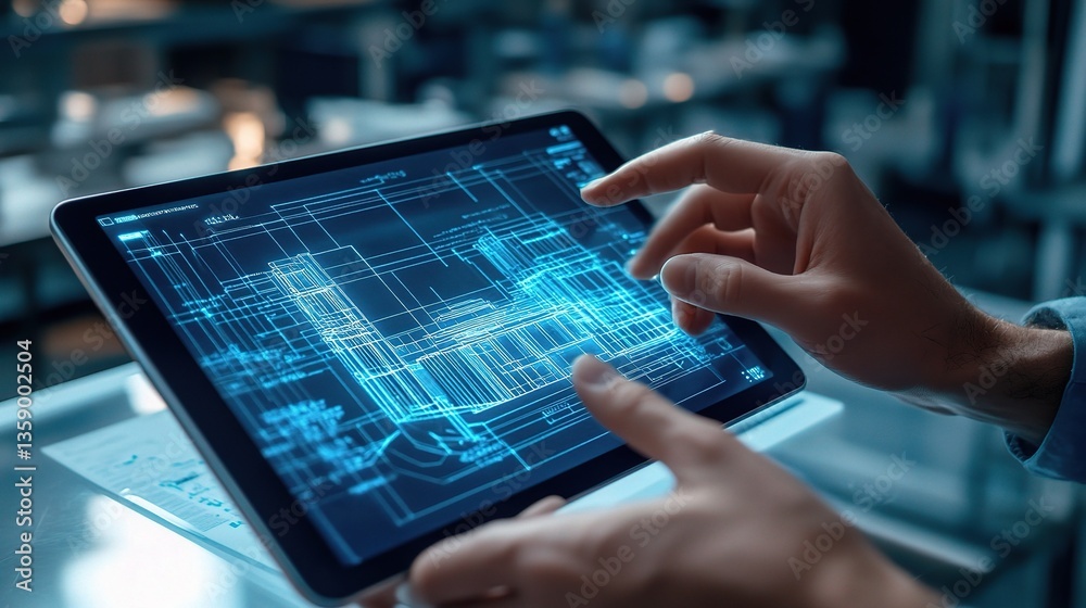 Poster close-up of tablet screen displaying 3d building blueprint design