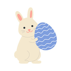 Cute rabbit holding painted Easter egg. Easter holiday. Cartoon flat vector illustration