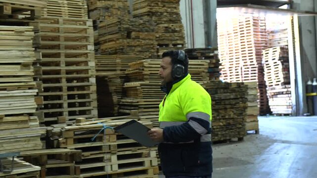 Warehouse supervisor wearing ear protection and high visibility vest inspecting wood pallets and taking notes on a clipboard and tablet