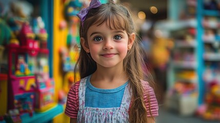 Fototapeta premium Charming young girl with bow standing before whimsical toy store display