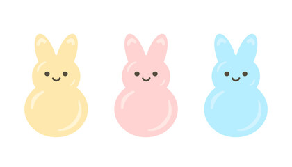 Marshmallow peeps, Easter bunnies different colors set. Small cute colorful rabbit candy. Collection sweet confectionery. Vector flat illustration