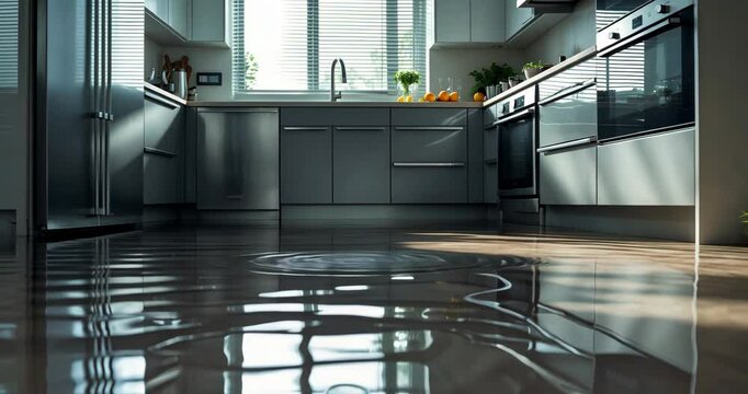 Close-up of inundated floor in kitchen due to leak. - Powered by Adobe