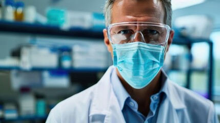 A doctor wearing a mask and lab coat while conducting research or experiments in a laboratory setting.