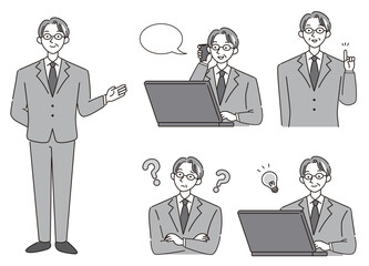 ミドル〜シニア世代、小ぎれいな男性のビジネスシーン、シンプルな線タイプ（モノクロ・白背景）	
