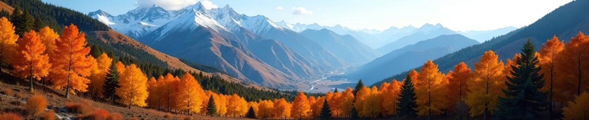 Aerial view of vibrant autumn trees and majestic mountains,  colorful,  aerial view