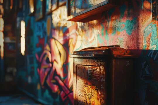 Urban decay captured in a close-up shot, showcasing a weathered trash can amidst vibrant graffiti art, highlighting the raw and gritty beauty of the city environment.