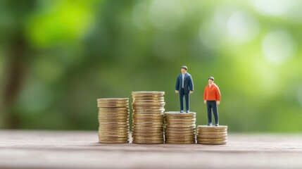 Toy people stand on gold coin stacks