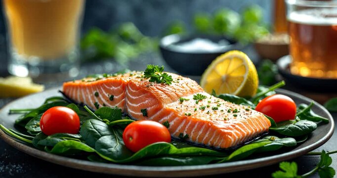 Baked or fried salmon with salad, healthy idea, side perspective