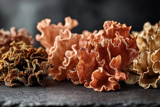 A close-up studio shot displays Wood Ear mushrooms showcasing their distinct shapes and earthy tones, set against a sleek, dark background, highlighting their texture and form.