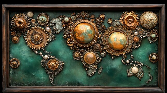 Intricate world map art piece made of gears, pearls, and metallic elements.