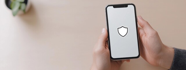 Secure Mobile Device with Shield Icon on Screen in Hands