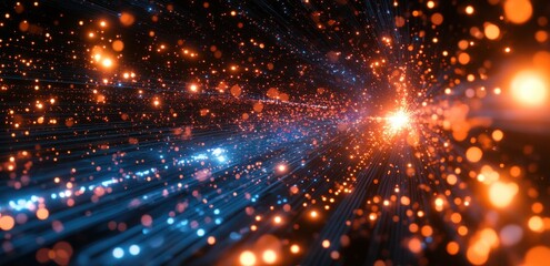 A bright orange and blue light show with many small dots