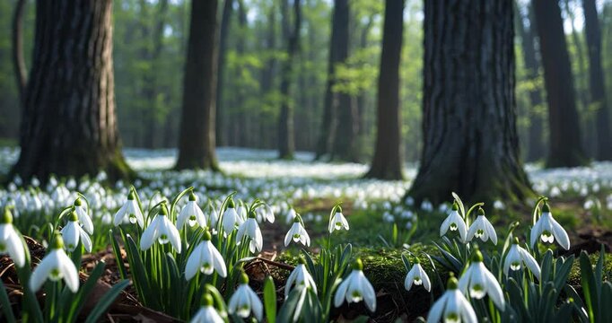 Carpet of white fresh snowdrops in the spring woods. Delicate spring flowers, snowdrops represent the onset of spring. Picturesque scenery of the spring forest adorned with blossoming flowers.