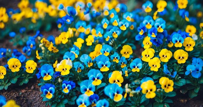 Vibrant yellow and blue pansies flourishing in a garden. Tiny yellow and blue blooms. Close-up of Viola cornuta flowering, with a floral wallpaper backdrop featuring bright yellow pansies.