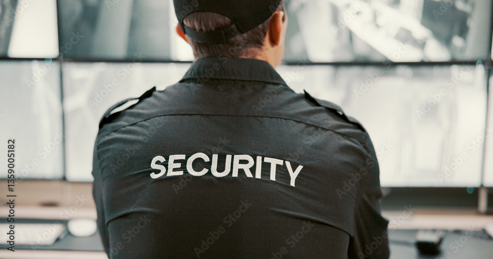 Poster camera, security and back of person on computer screen for surveillance, inspection and monitoring. 