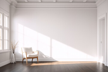 Fototapeta premium Bright interior of an empty room with white walls, wooden floor, and natural light streaming through a window onto a chair and vase with branches.