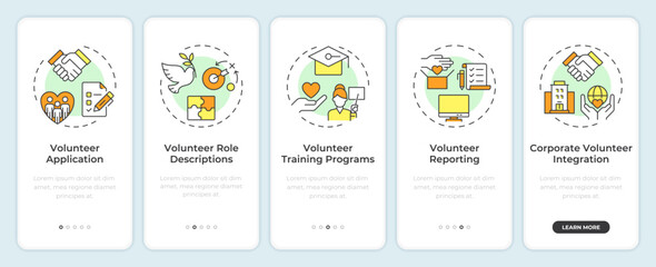 Volunteer program administration onboarding mobile app screen. Walkthrough 5 steps editable graphic instructions with linear concepts. UI, UX, GUI template. Montserrat SemiBold, Regular fonts used