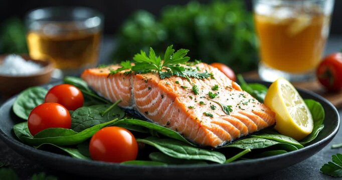 Salmon baked or fried with salad, healthy concept, side perspective.