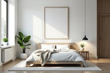 A modern minimalist bedroom with a large poster hanging on the wall,  minimalist,  living space