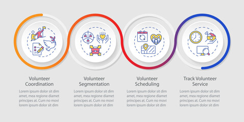 Volunteer management infographics circles sequence. Nonprofit social activity regulation. Visualization layout with 4 steps. Info chart loop process presentation. Myriad Pro-Regular font used