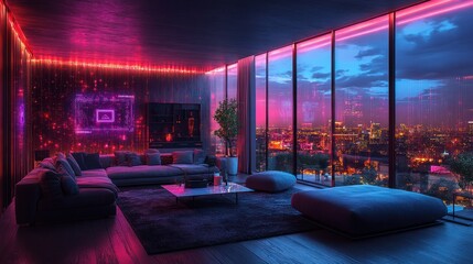 Fototapeta premium Neon Cityscape Penthouse Living Room