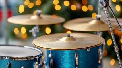 Obraz premium Close-up of Blue Drum Set with Cymbals against Bokeh Background