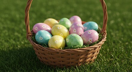 Easter basket filled with decorated eggs.