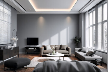 Modern living room showcases neutral tones and minimalist design.  A comfortable sofa and ottoman are arranged around a coffee table, with natural light flooding through large windows, creating a brig
