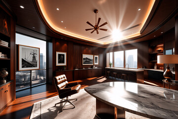 Elegant office interior with wood paneling, marble desk, and city view. Sunlight streams through windows, illuminating the sophisticated workspace.