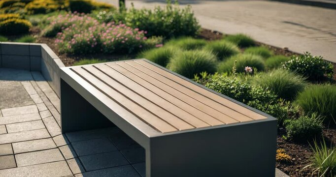 A contemporary bench featuring a flower bed on a bright day. Urban planning, public spaces.