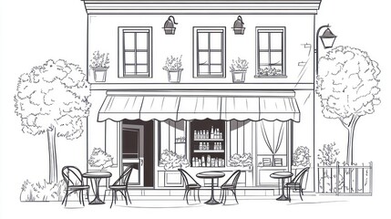Obraz premium Black and white cafe drawing, exterior, trees, tables, chairs