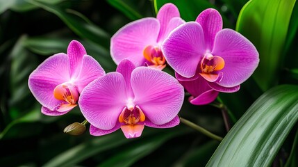 A vibrant cluster of purple orchids surrounded by lush green foliage.