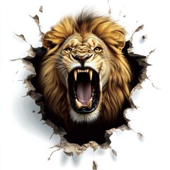 Roaring lion bursting through a hole