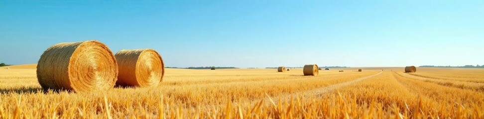Fototapeta premium A rustic background of golden hay bales under a clear blue sky, haymaking, rural