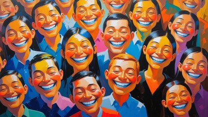 Obraz premium A group of young people in colorful costumes and fun carnival makeup, including a clown, woman, boy, and child, all smiling and enjoying the party with dolls and toys in a cheerful, colorful setting