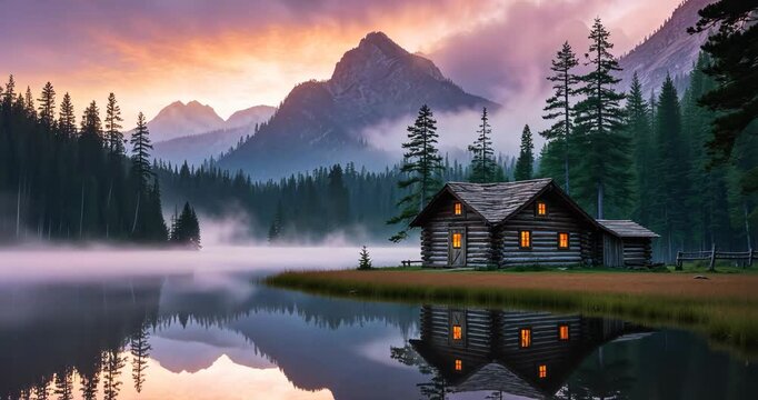 A foggy, atmospheric dawn or dusk over a classic log cabin and stunning scenery at Emerald Lake close to Field in Yoho National Park.