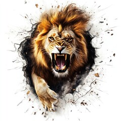 Powerful lion bursting through a wall.  A fierce lion emerges from a hole in a wall, roaring with intensity.  The lion's mane is magnificent