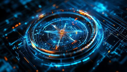 Sleek digital compass with holographic elements on a blue backdrop, representing innovative navigation and secure transport of data in the digital world