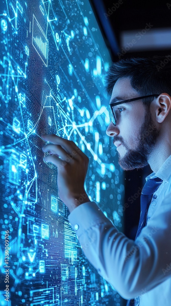 Poster professional man interacting with digital data interface display
