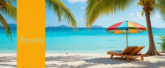 Vibrant beach discounts banner featuring a colorful umbrella and lounge chair by the turquoise water
