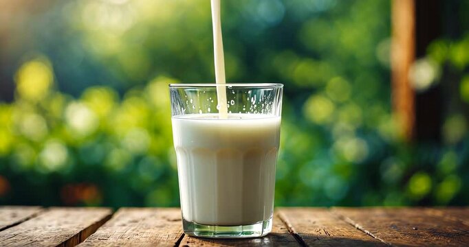 A wooden table with a glass of milk set against a garden backdrop.