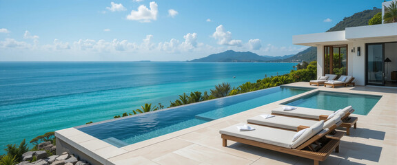 Fototapeta premium Stunning hotel villa with an infinity pool and breathtaking ocean views in a tropical paradise 